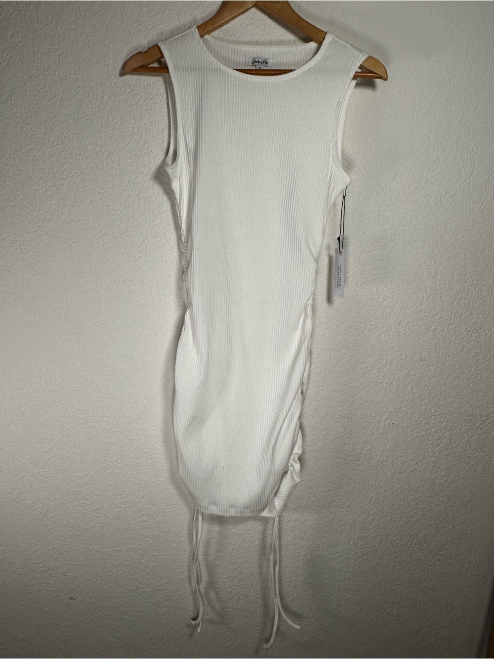 White Ribbed Sleeveless Drawstring Bodycon Dress